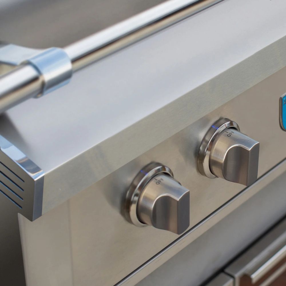 Close-up of stainless steel outdoor grill controls with two silver knobs and a metal handle on a brushed steel appliance.