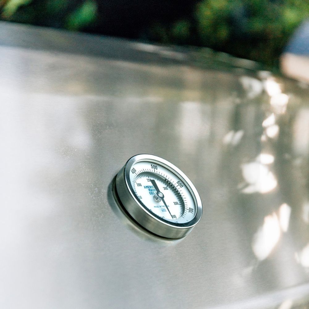 A close-up shot of a round stainless steel thermometer mounted on a metallic surface, with a blurred outdoor background showing green foliage and sunlight.