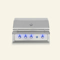 A stainless steel outdoor gas grill with a closed lid, four control knobs, and blue LED lighting accents, shown against a solid light beige background.
