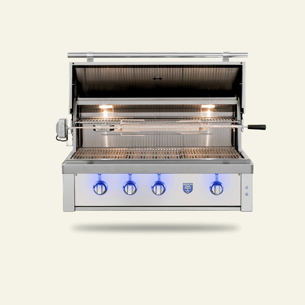 Stainless steel grill with blue lights on a white background