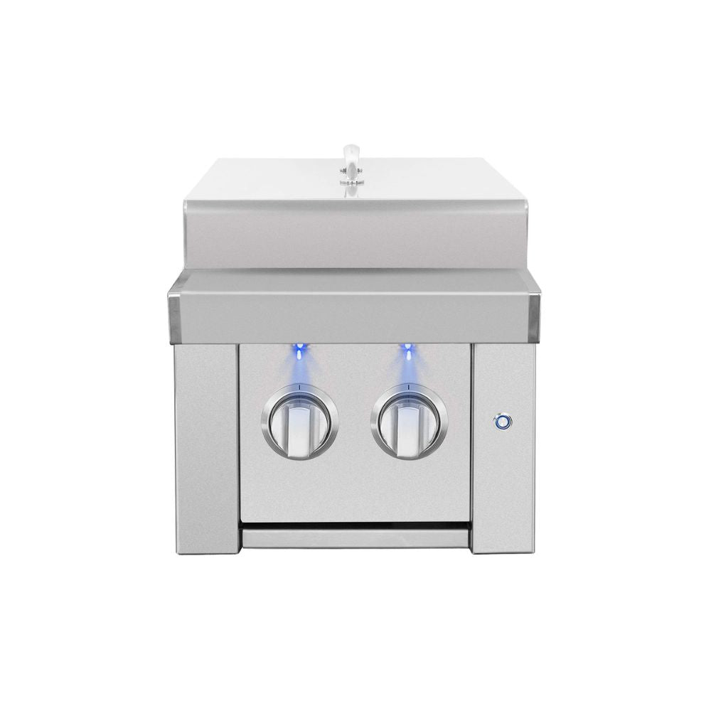 Stainless steel grill with two knobs on a white background