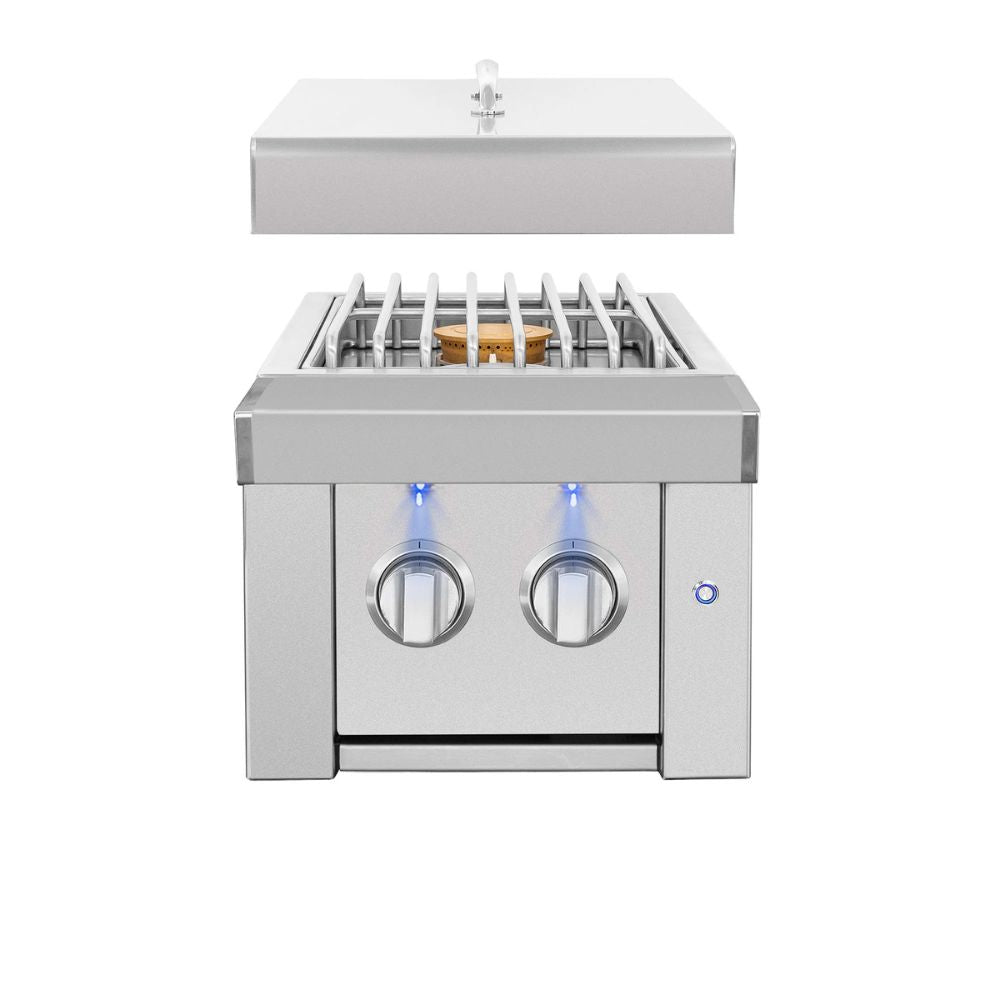 Stainless steel gas cooktop with two burners on a white background