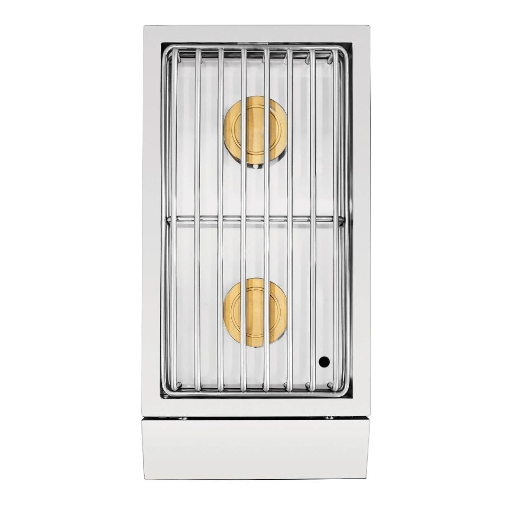 A single-burner outdoor gas grill with a stainless steel grate and two gold burner caps, shown against a solid white background.