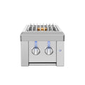 A stainless steel dual-burner gas grill with a top grate, featuring two round control knobs with blue indicator lights and a small blue power light on the front right side.