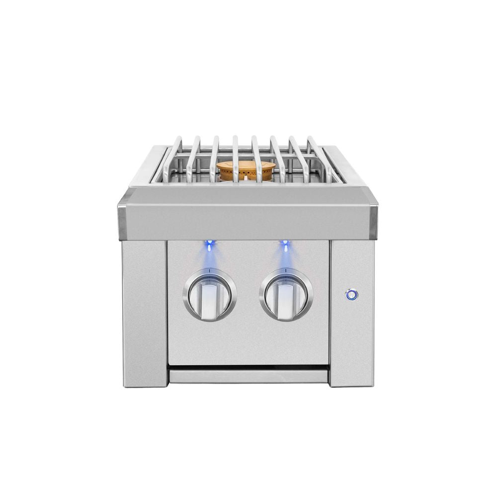 A stainless steel dual-burner gas grill with a top grate, featuring two round control knobs with blue indicator lights and a small blue power light on the front right side.