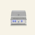 Stainless steel grill with blue lights on a white background