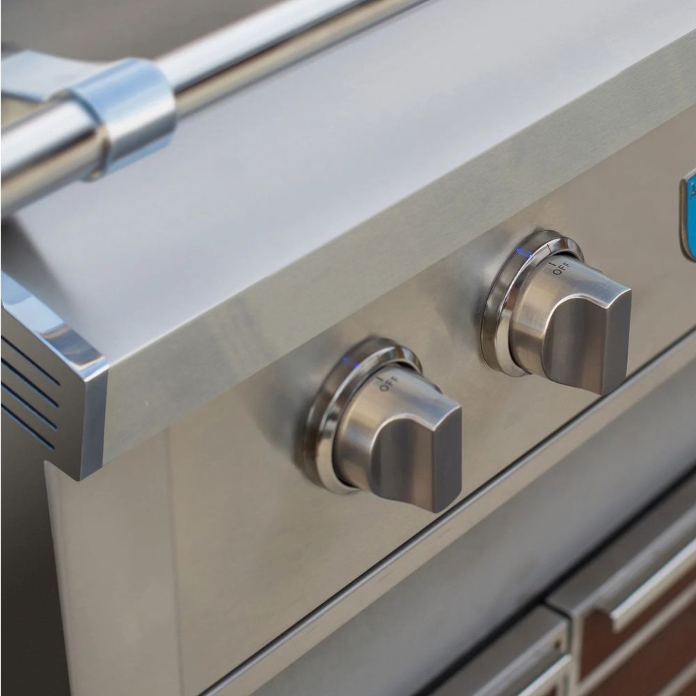 Close-up of stainless steel outdoor grill controls with two silver knobs and a brushed metal front panel.