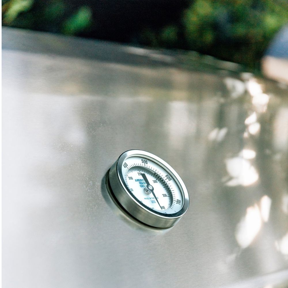 A close-up of a round stainless steel thermometer mounted on a brushed metal surface, with blurred greenery in the background.