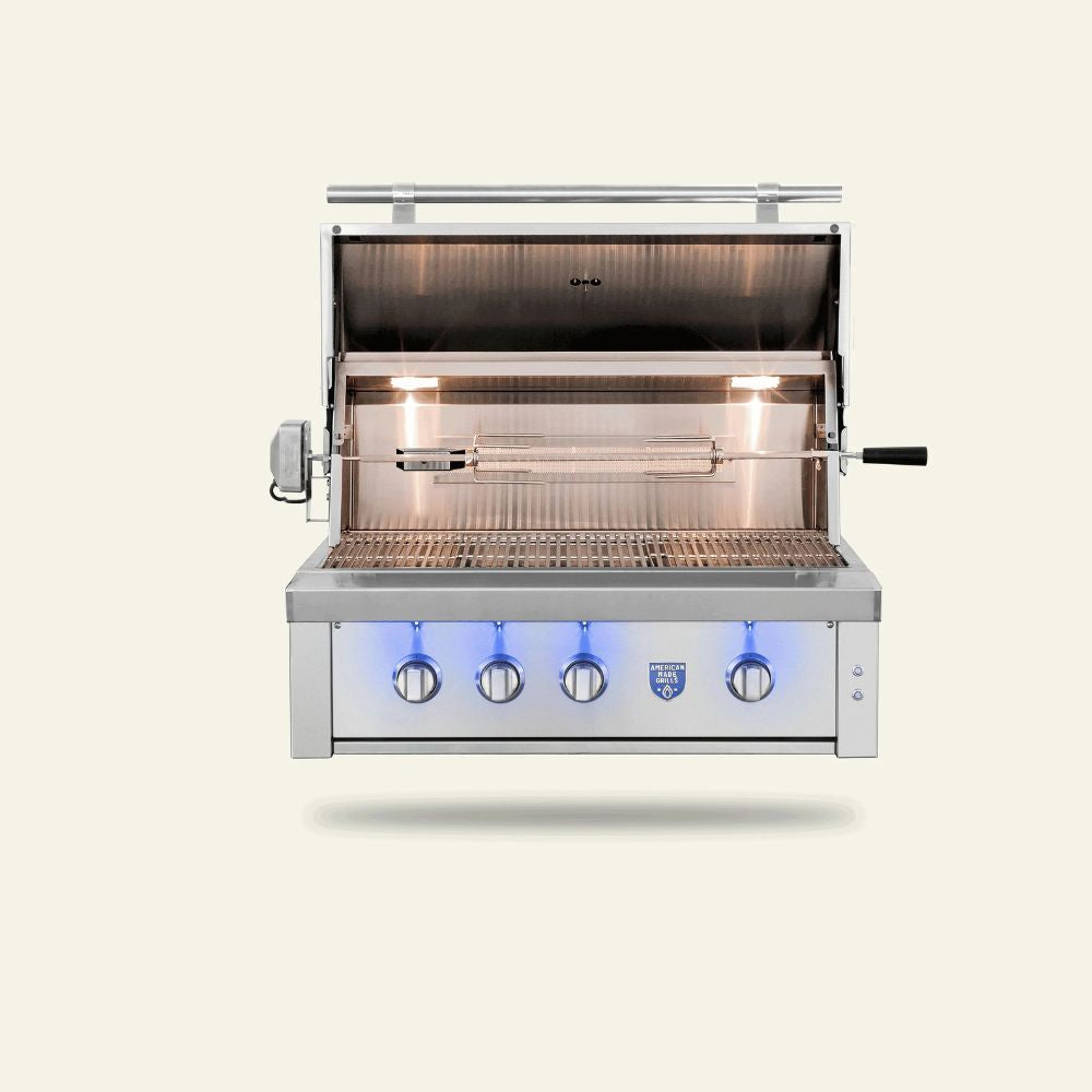 Stainless steel grill with blue lights on a beige background