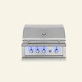 Stainless steel grill with blue lights on a white background