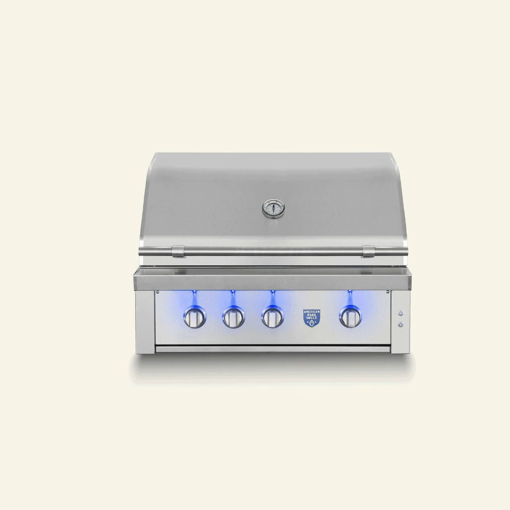 Stainless steel grill with blue lights on a white background