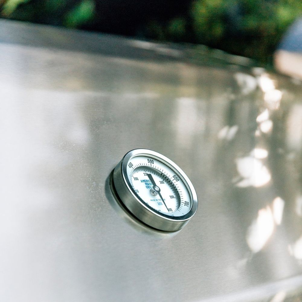 A round stainless steel thermometer gauge mounted on a brushed metal surface, photographed outdoors with blurred greenery and sunlight in the background.