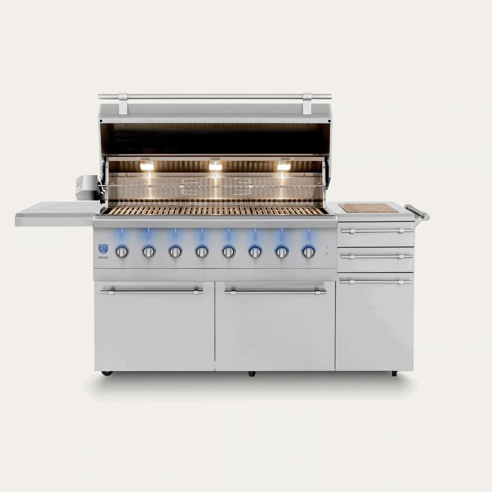 Stainless steel outdoor grill with multiple burners on a white background