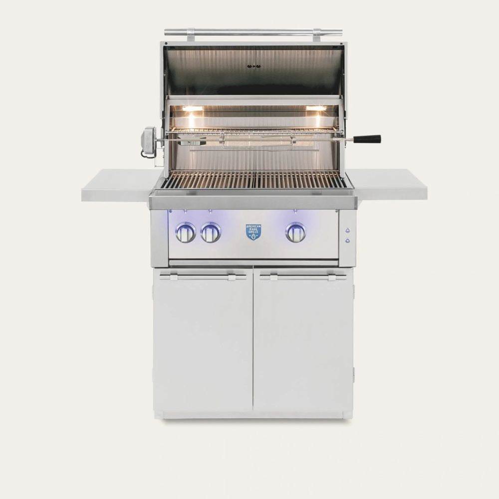 Stainless steel grill with open lid on a white background