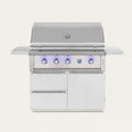 A stainless steel outdoor gas grill with a white side storage cabinet, four control knobs, blue LED lighting, and a lid-mounted thermometer, shown against a solid off-white background.