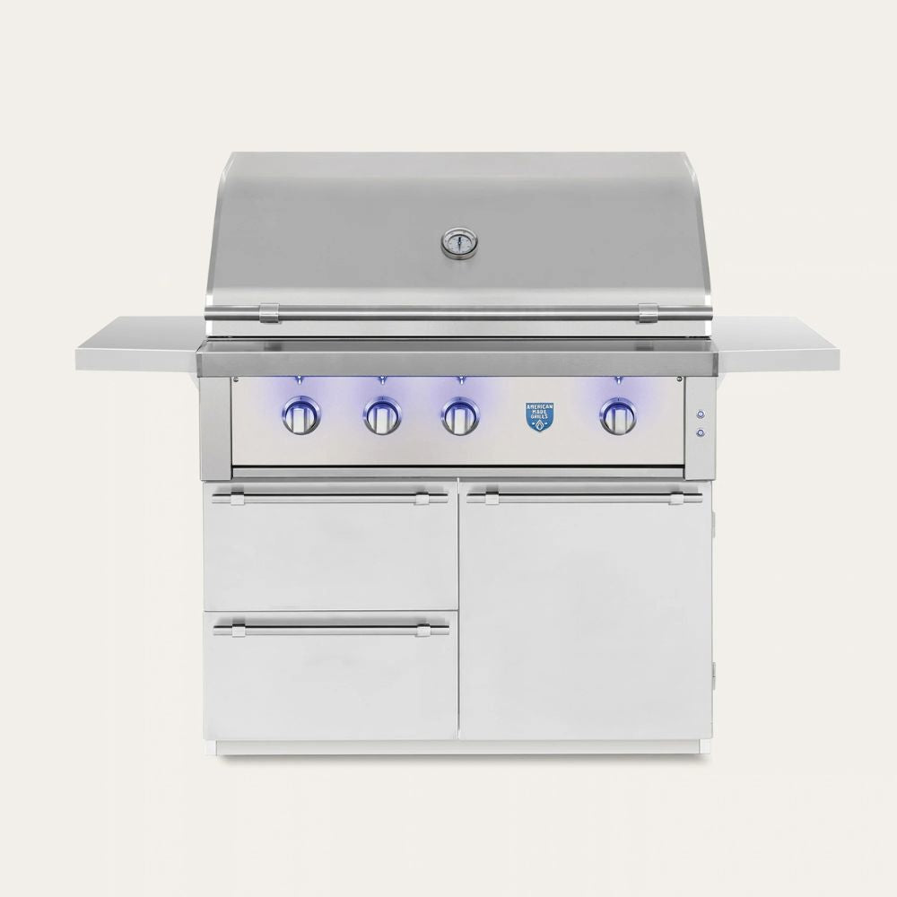 A stainless steel outdoor gas grill with a white side storage cabinet, four control knobs, blue LED lighting, and a lid-mounted thermometer, shown against a solid off-white background.