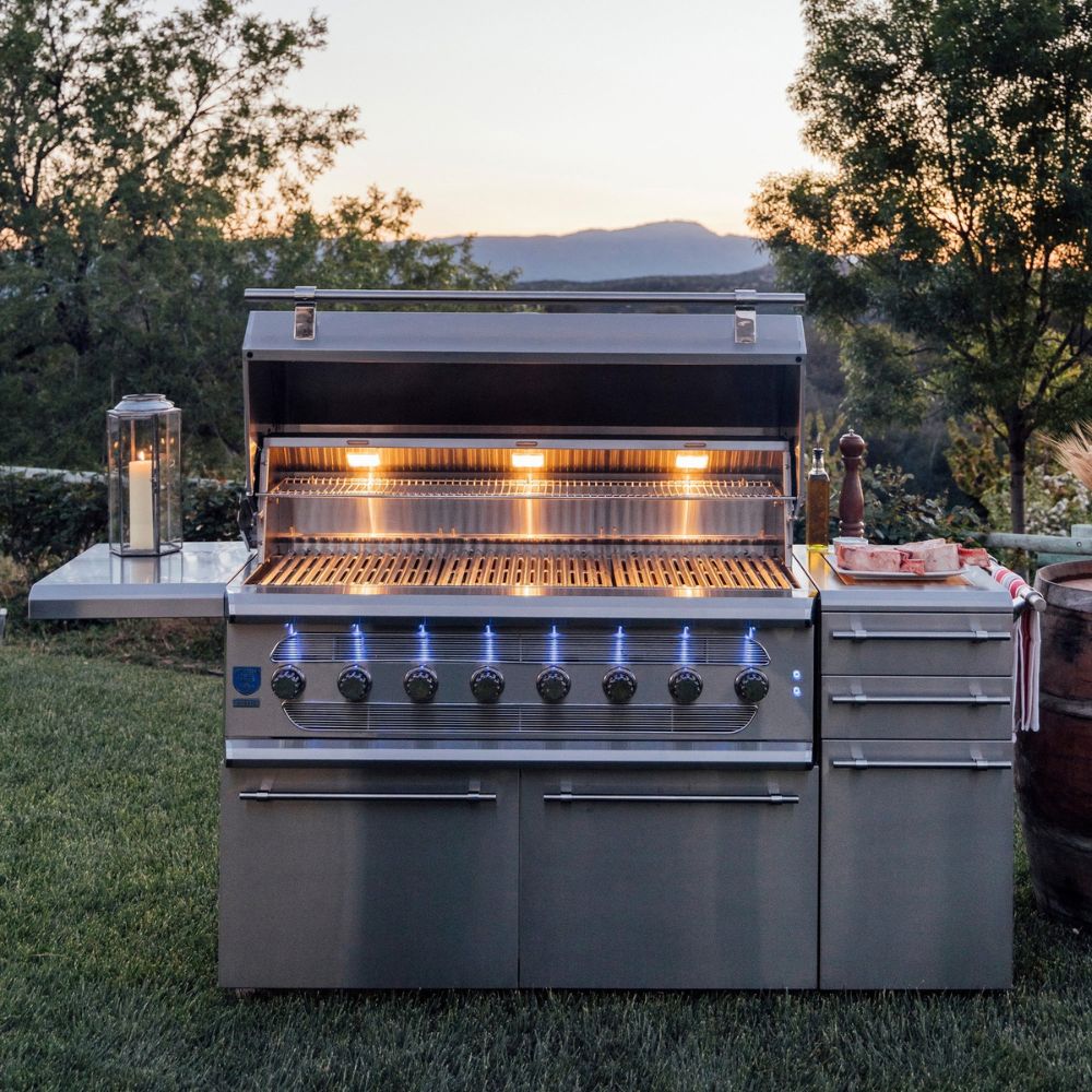 Stainless steel outdoor grill with evening sky and trees in the background