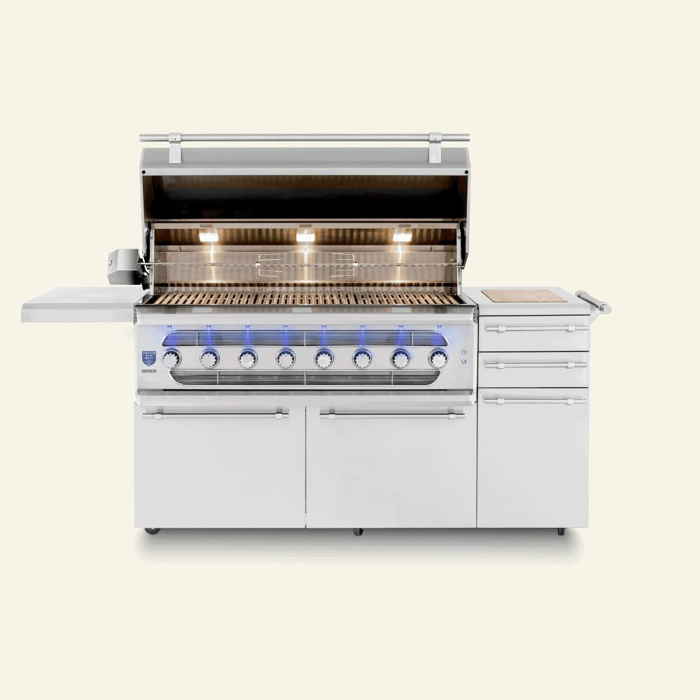 Stainless freestanding grills on a white background