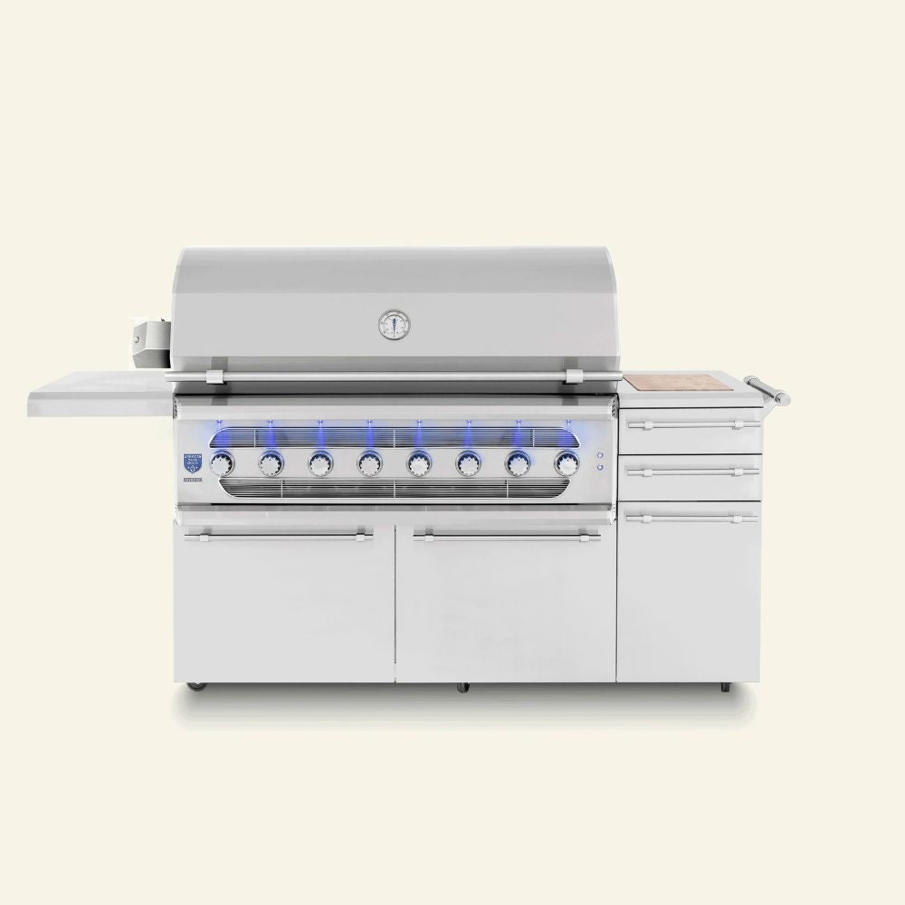 A stainless steel outdoor kitchen island set featuring a 8-burn gas grill with a side deck, three drawers, and a built-in sink, shown against a solid light beige background.