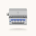 A stainless steel 5-burn outdoor gas grill with a lid, four control knobs, and blue glow accents under the lid, shown against a solid off-white background.