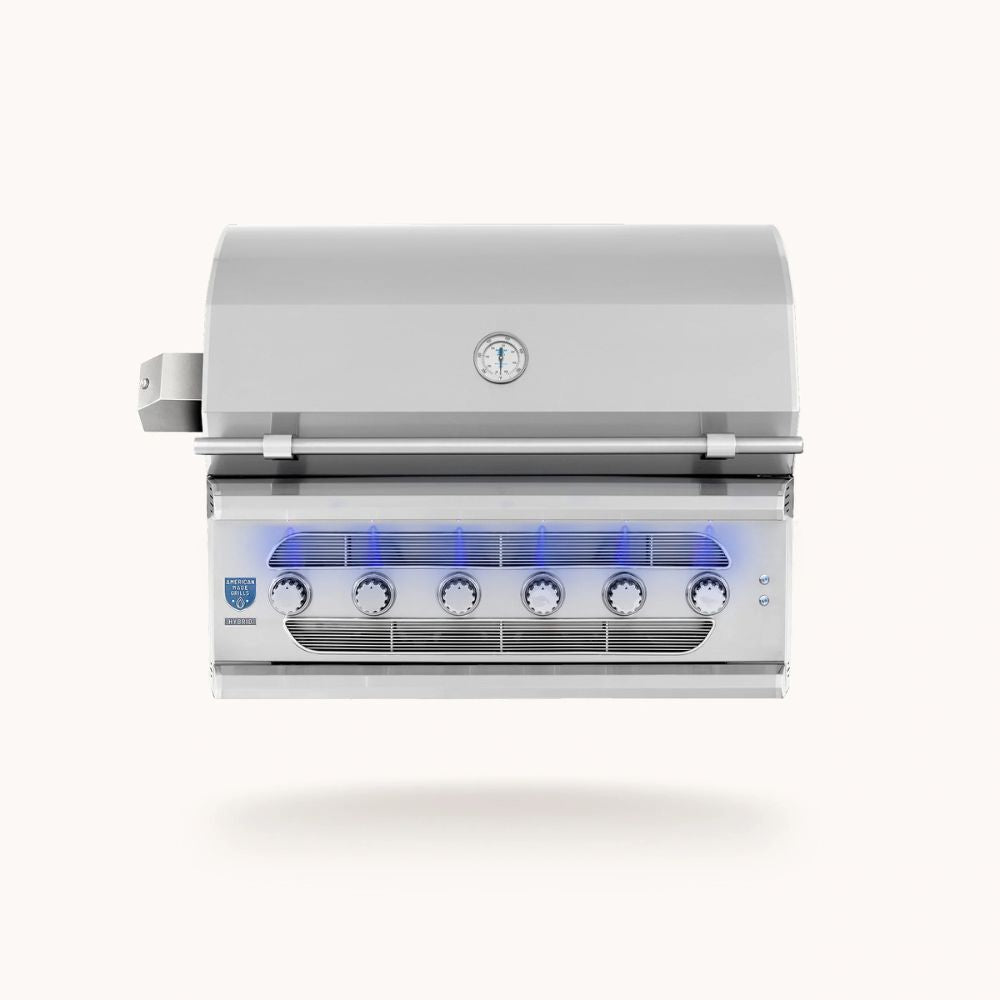A stainless steel outdoor gas grill with a closed lid, five control knobs, and blue LED lighting visible through the front panel, shown on a light beige background.