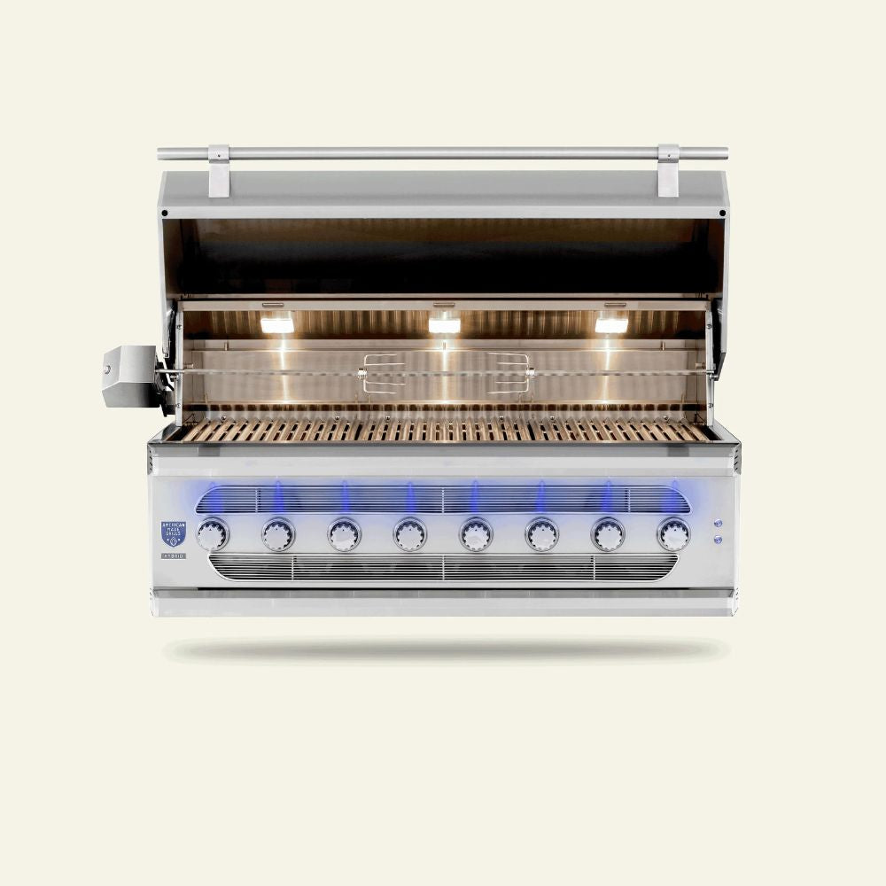 Stainless steel grill with glowing interior on a white background