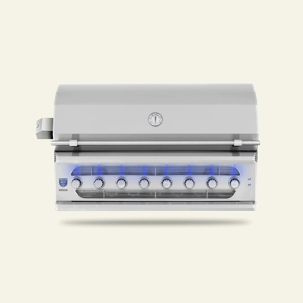 Stainless steel grill with blue light on a beige background
