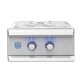 American Blue Grills 2-burner gas grill in stainless steel, featuring two silver control knobs with blue flame indicators and a blue brand logo on the front panel.