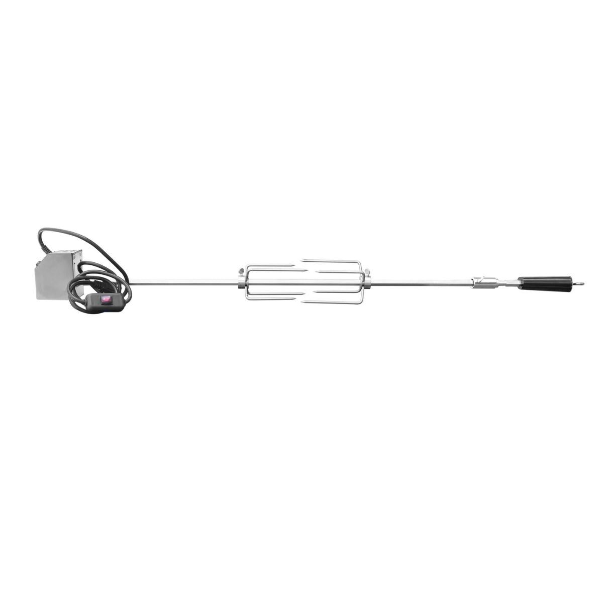 A rotisserie kit with a long stainless steel rod, a double-pronged wire basket, a silver probe housing, and a black handle.