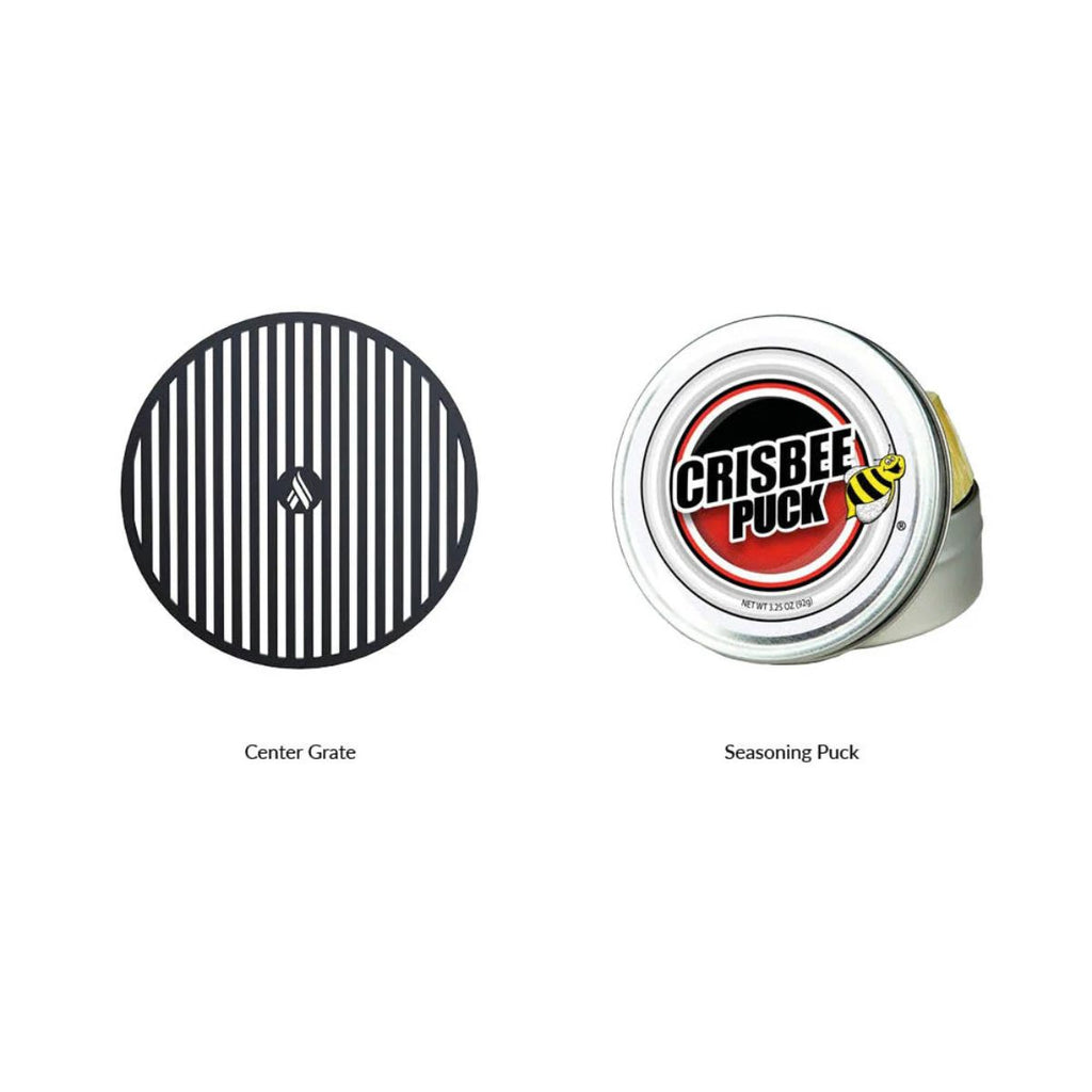 Two hockey pucks labeled 'Center Grate' and 'Seasoning Puck' on a white background.
