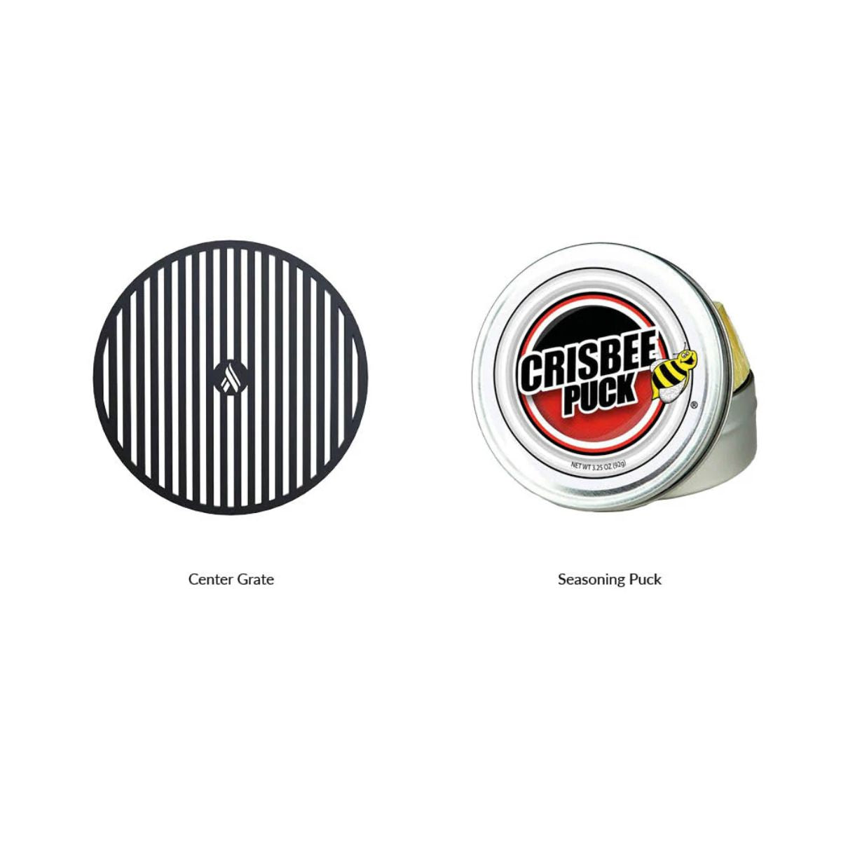 Two hockey pucks labeled 'Center Grate' and 'Seasoning Puck' on a white background.