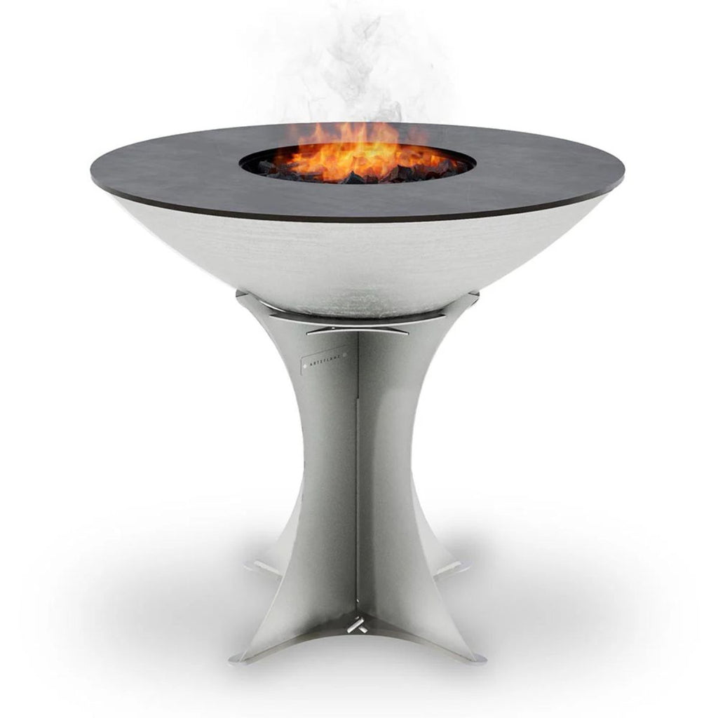Modern outdoor fire pit table with flames on a white background