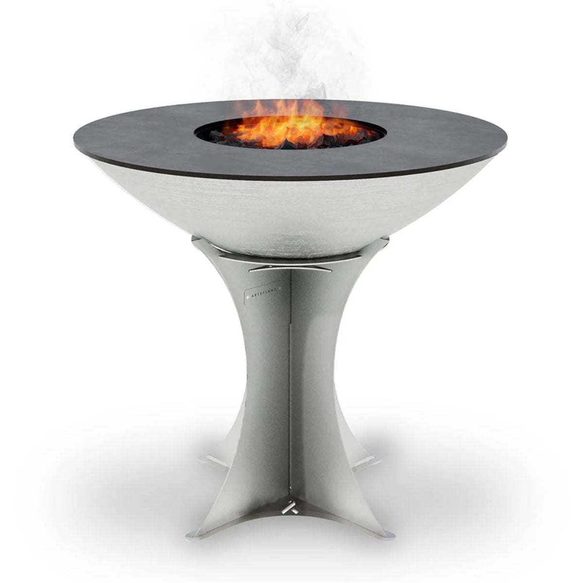 Modern outdoor fire pit table with flames on a white background