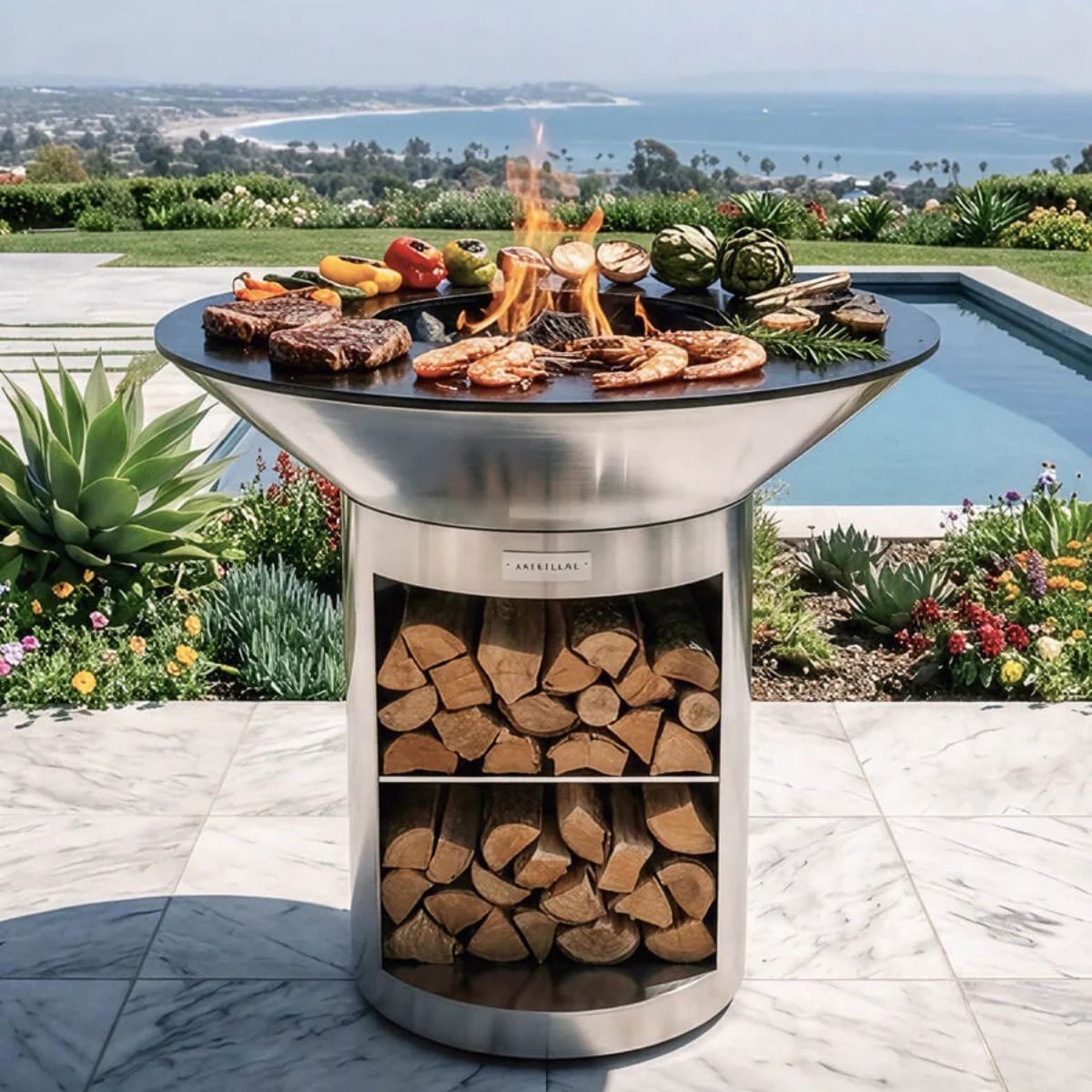 Outdoor grill with food and firewood, set against a scenic backdrop with a pool and garden.
