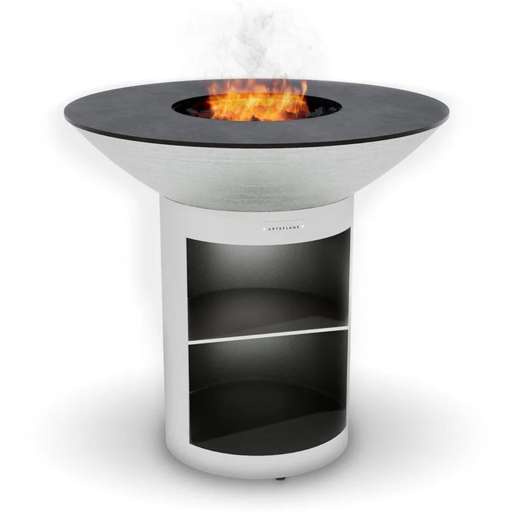 Modern fire pit table with flames on a white background
