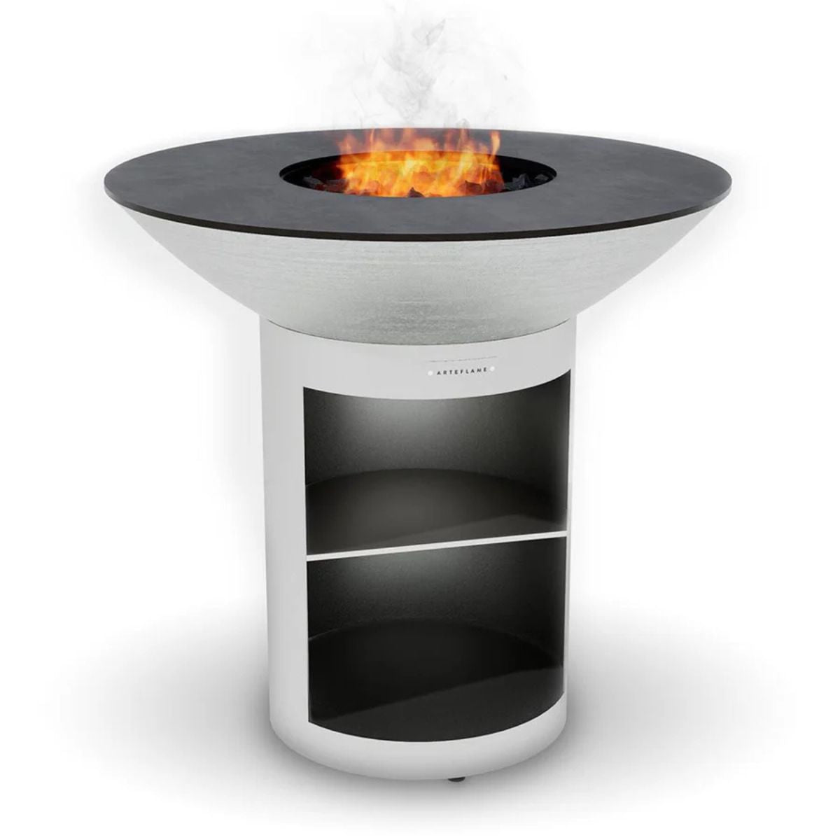 Modern fire pit table with flames on a white background