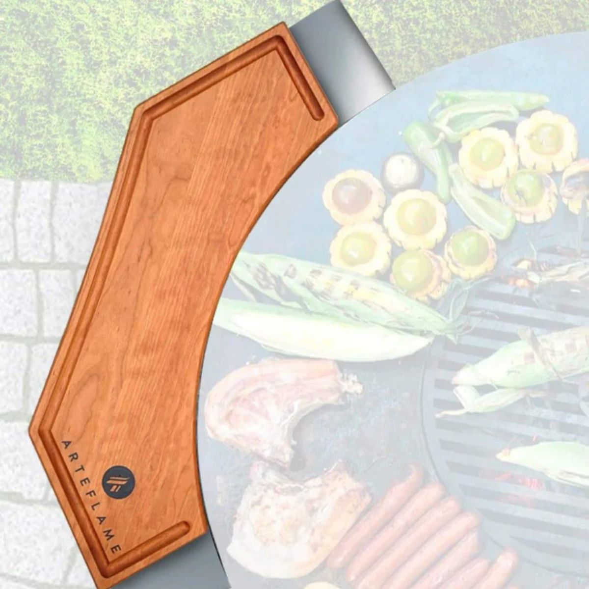 Wooden cutting board with 'Arteflame' branding on a grill with food.