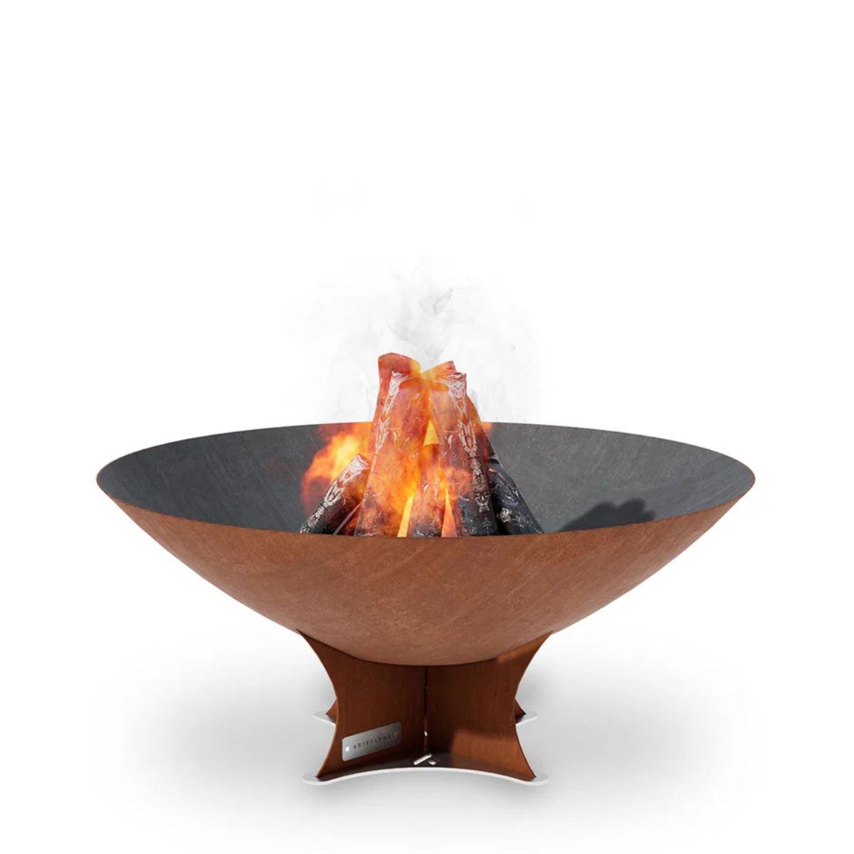 Wooden fire pit with flames on a white background