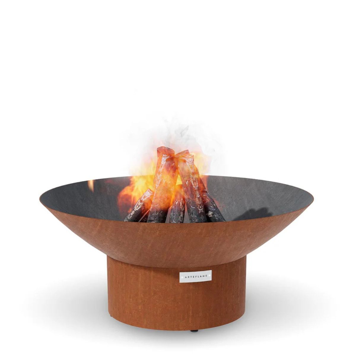 Wooden fire pit with flames on a white background