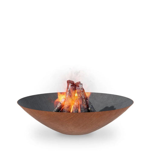 Wooden fire pit with flames on a white background