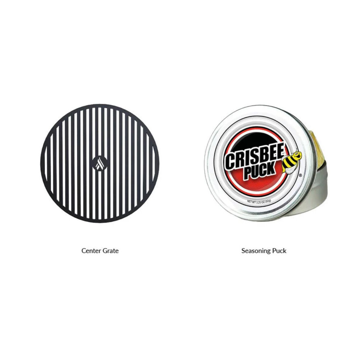 Two hockey pucks labeled 'Center Grate' and 'Seasoning Puck' on a white background.