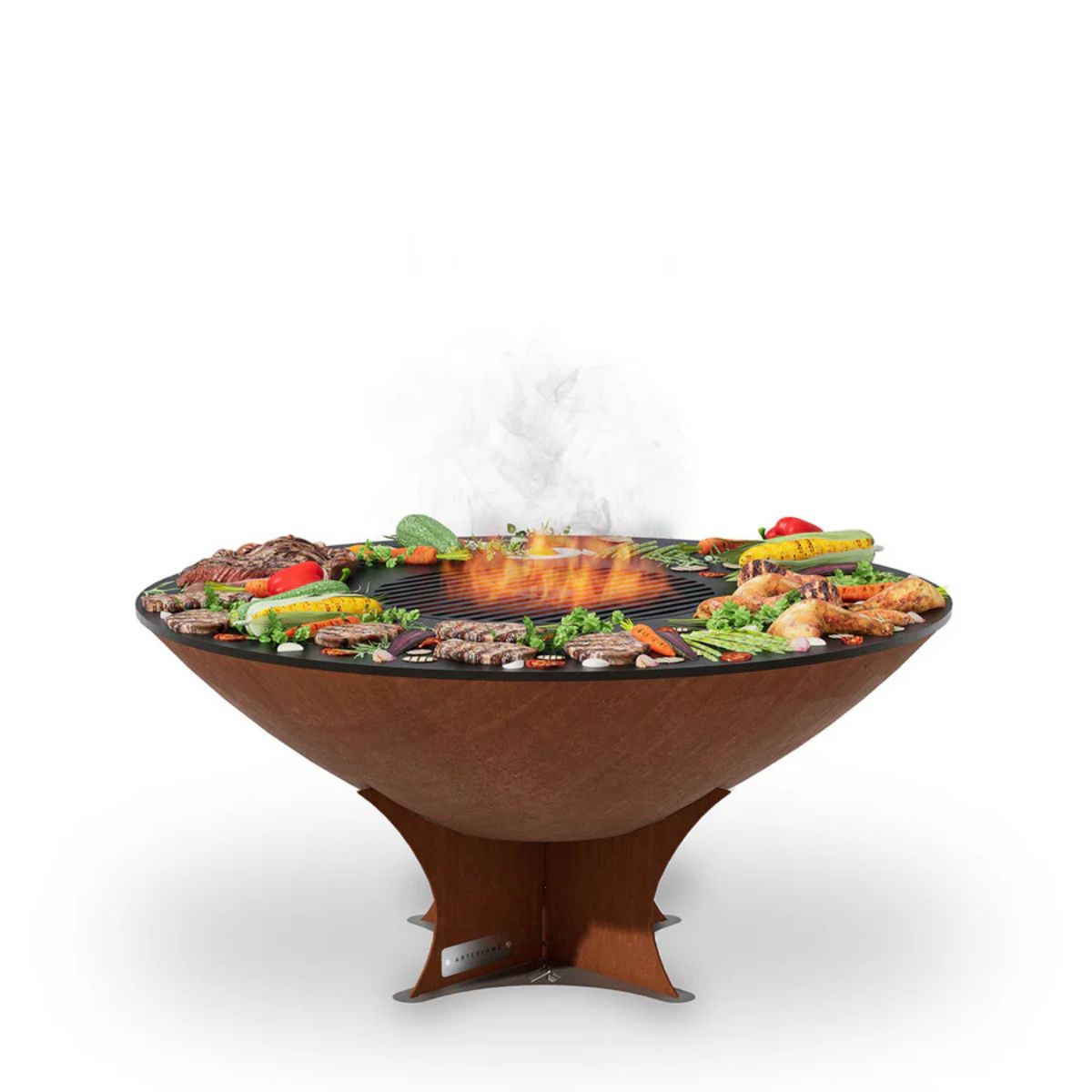 Wooden fire pit with food on a white background