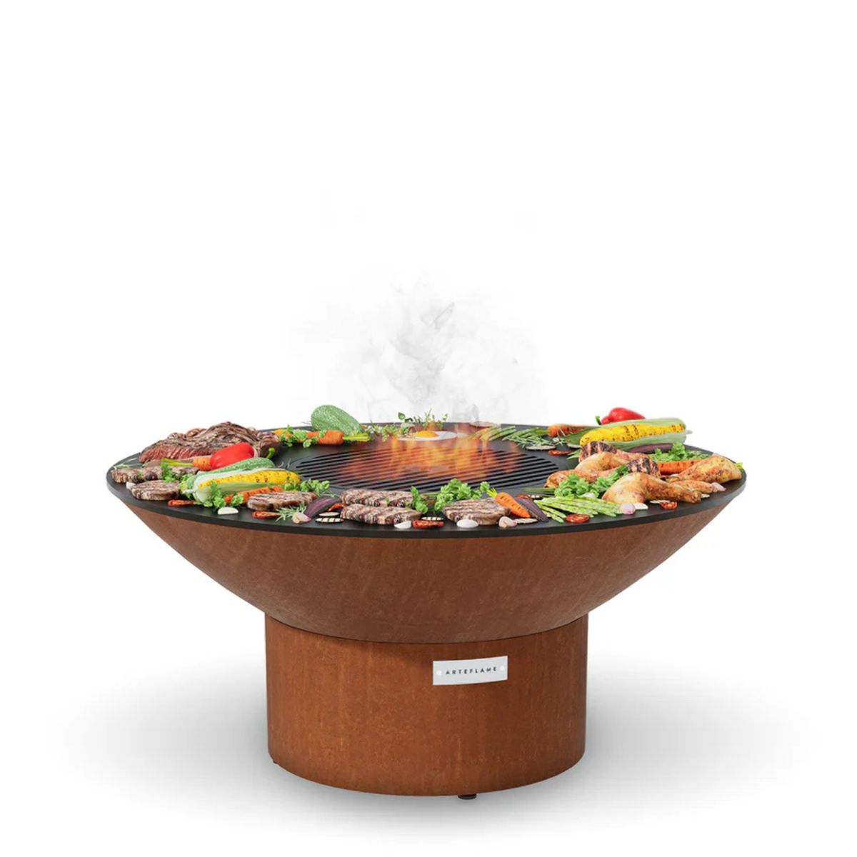 Round grill with food items on a white background