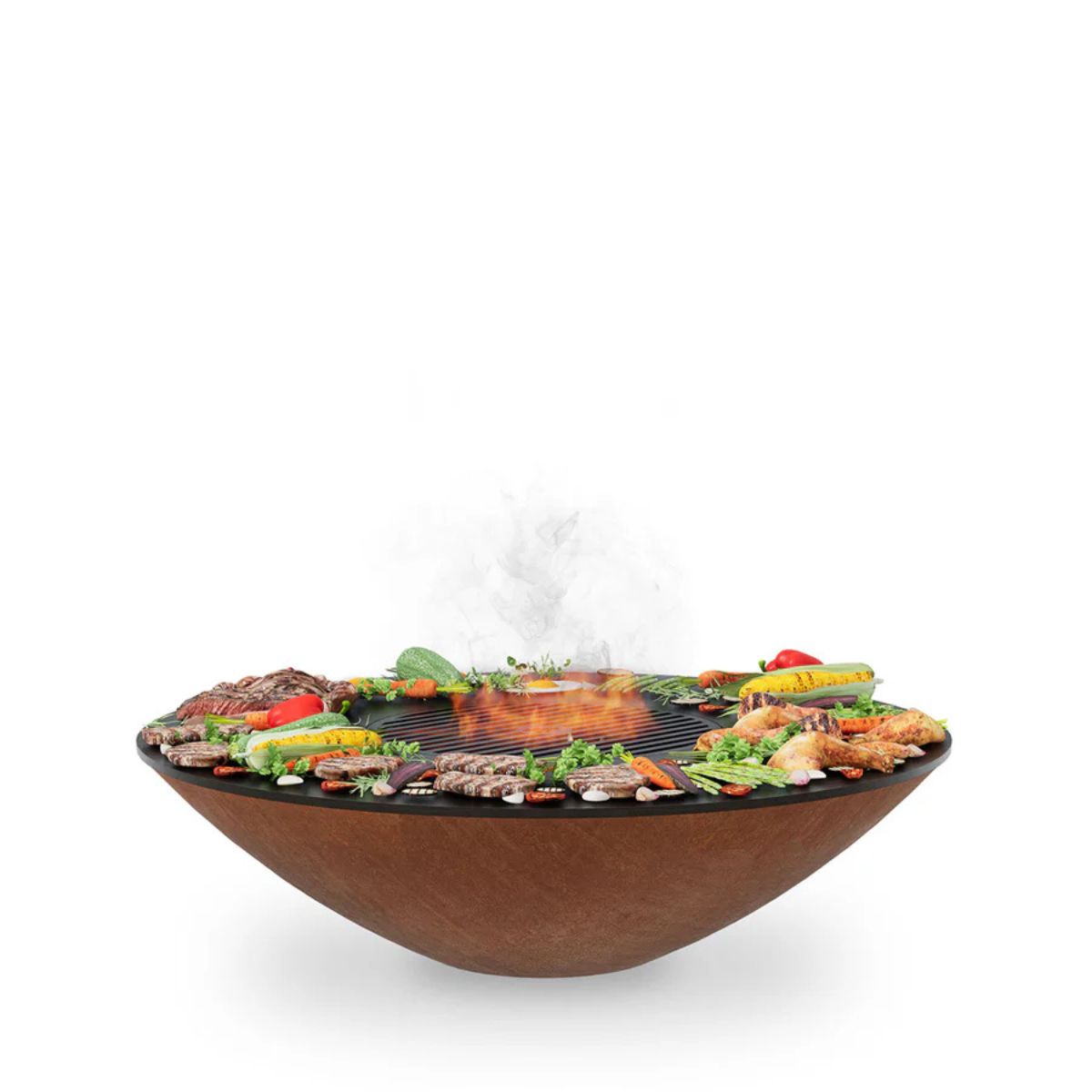 Bowl with various food items on a white background