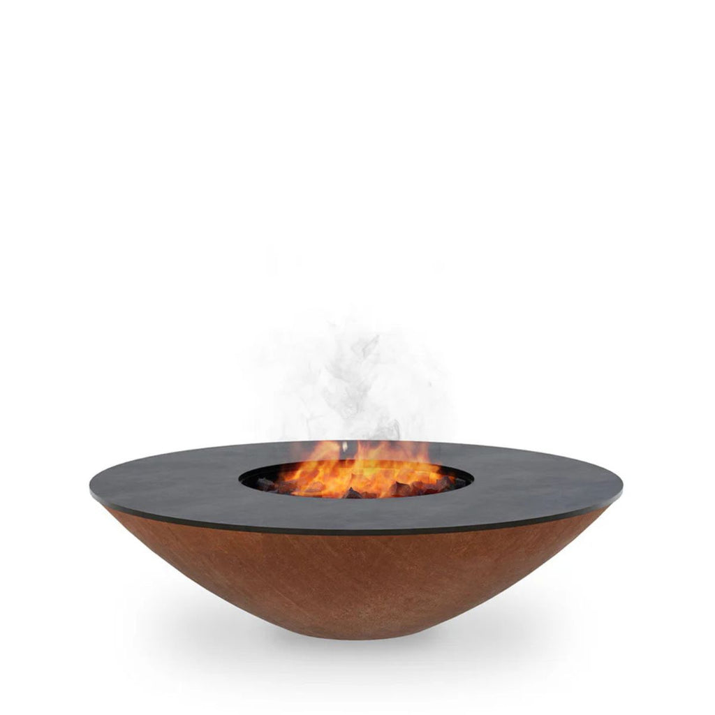 Modern fire pit with flames and smoke on a white background