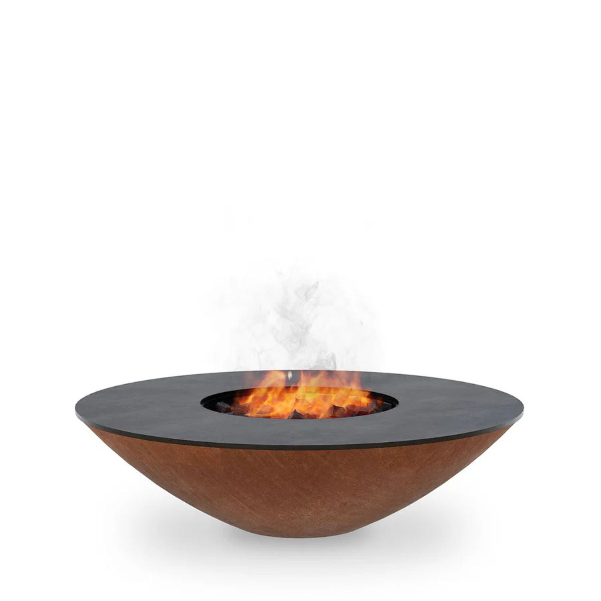 Modern fire pit with flames and smoke on a white background
