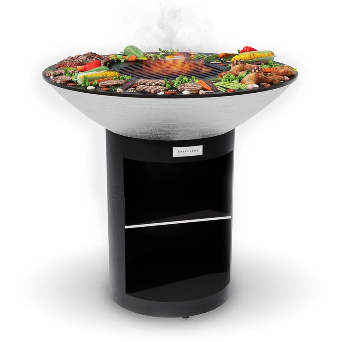Black portable grill with food on a white background