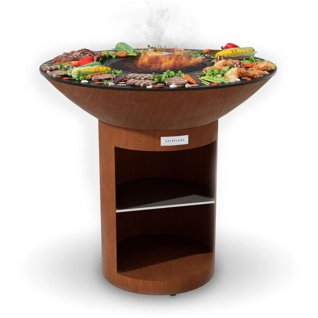 Wooden barbecue grill with food on a white background