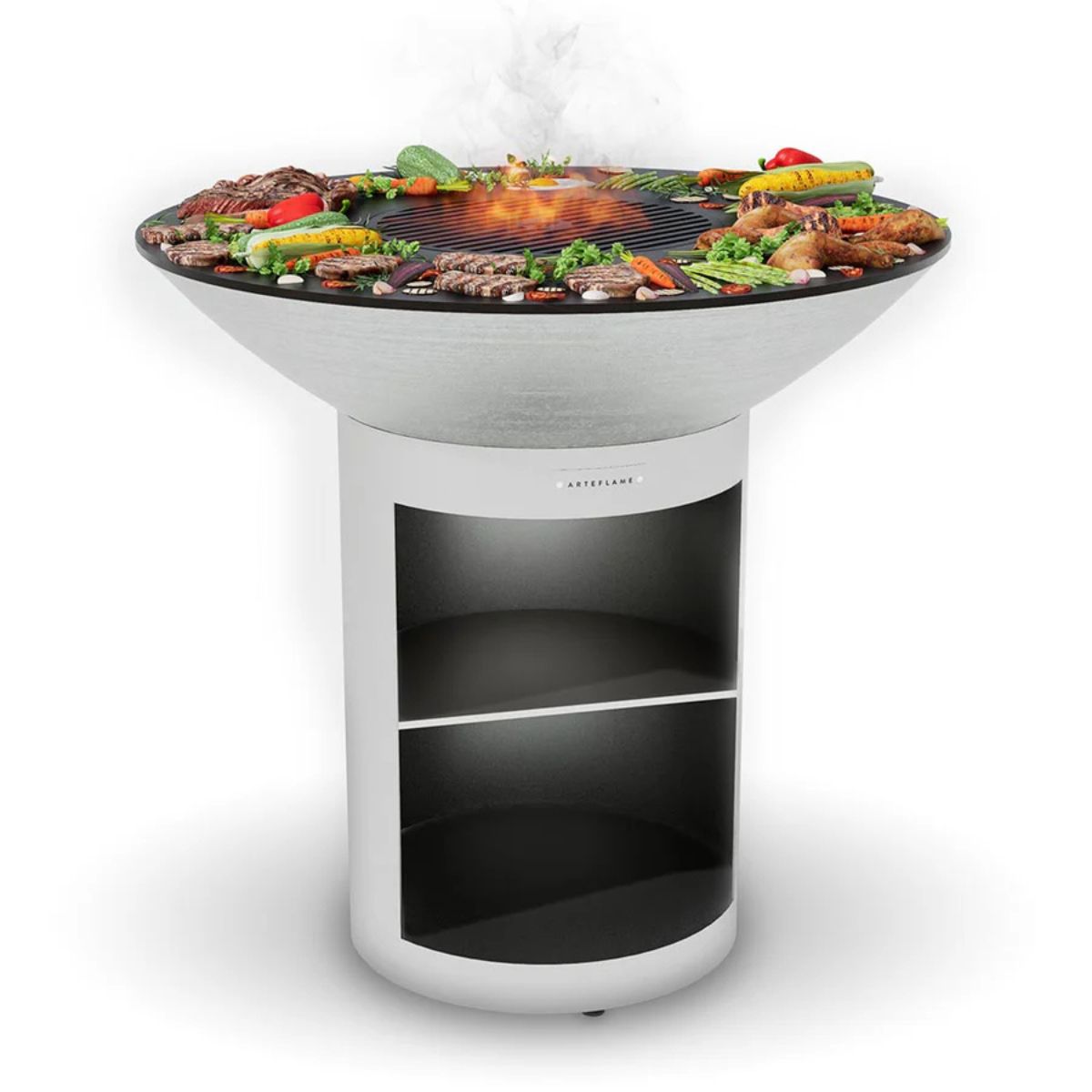 Modern grill with food on a white background