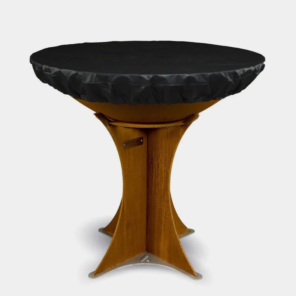 Round wooden table with a black textured top on a white background